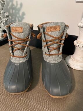 Sperry Gray Waterproof Duck Boots with Tan Laces